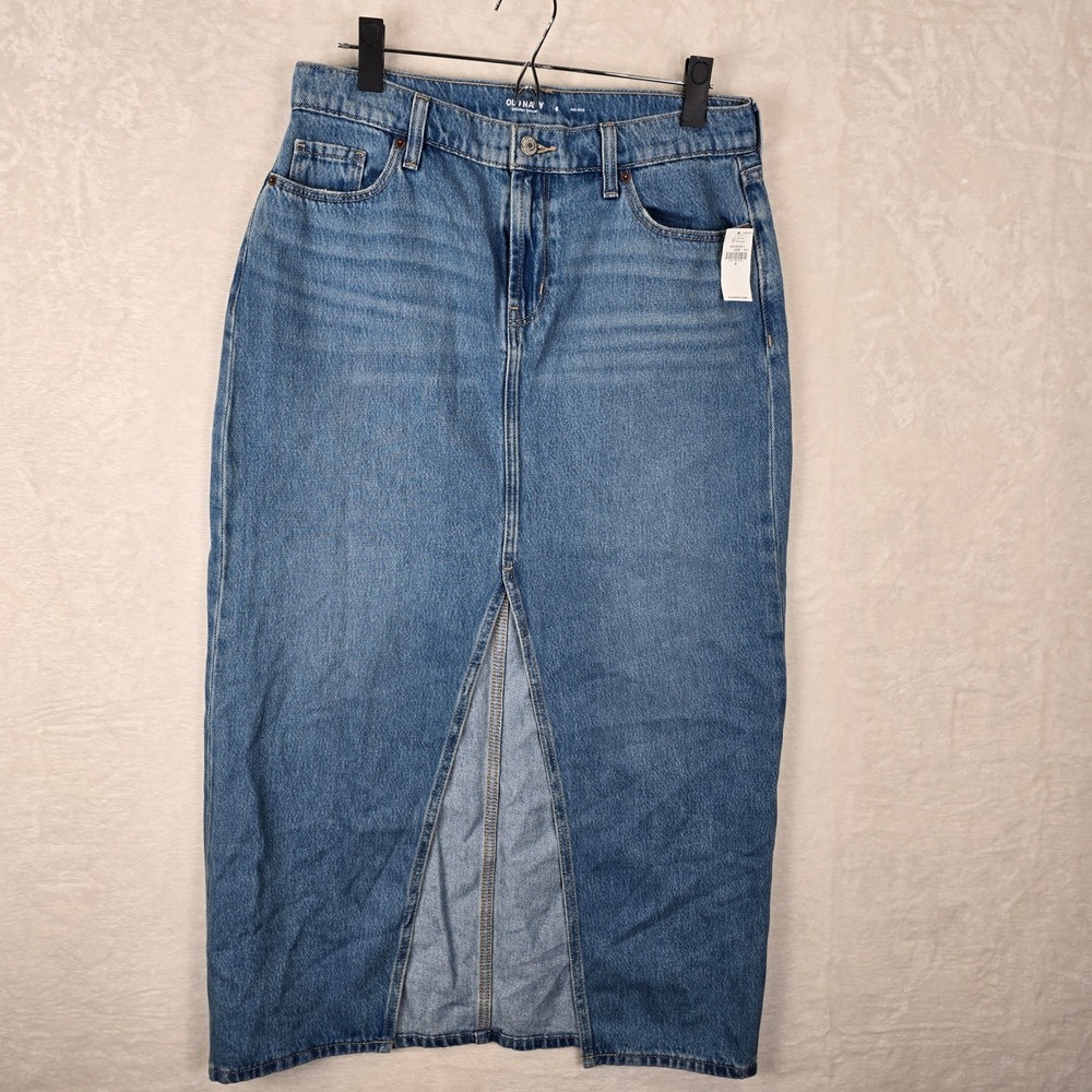 Old Navy Drapey Denim Midi Skirt Medium Wash Front Slit Size 6 NWT